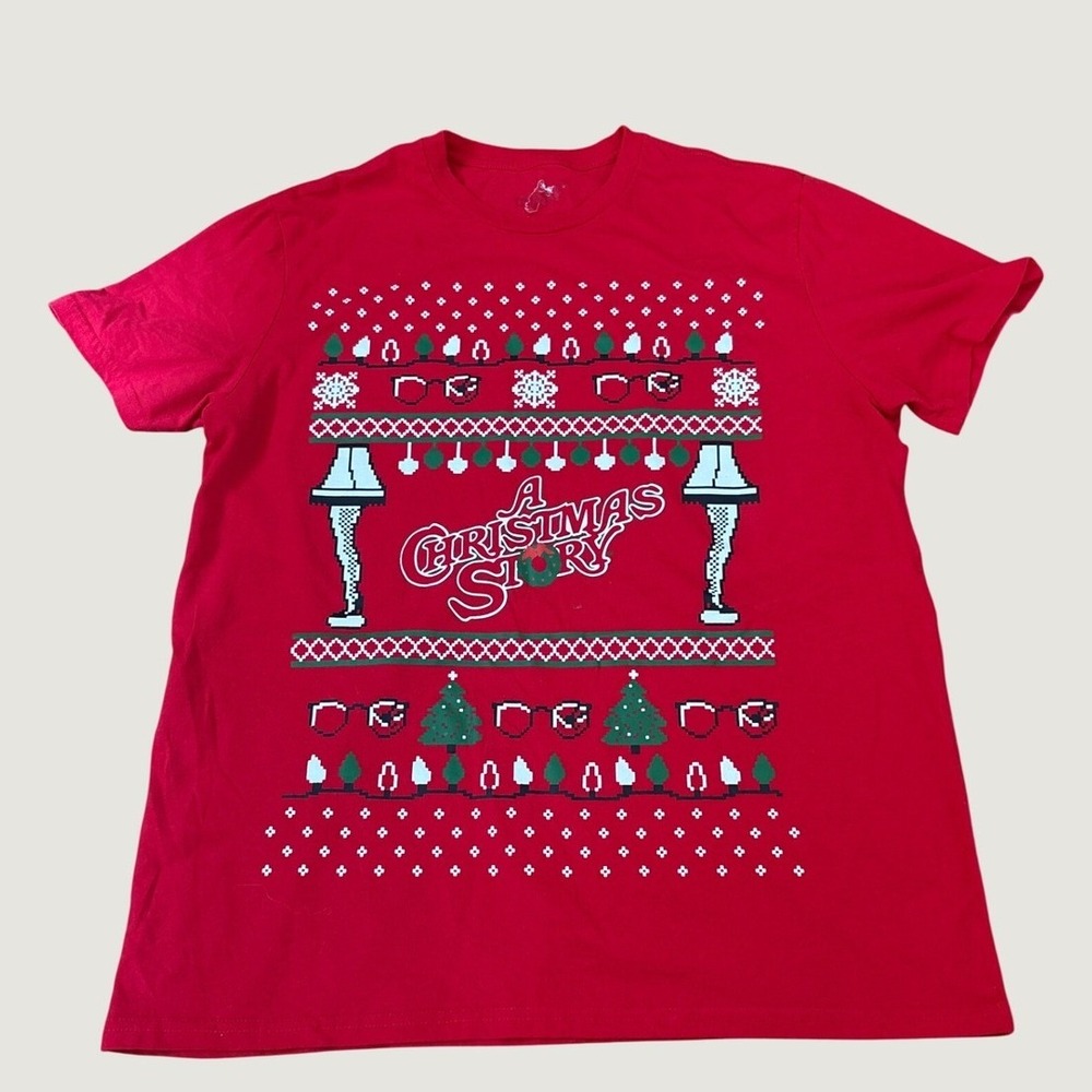A Christmas Story Graphic Tee Mens Red Holiday Faux Sweater Style SIZE Large